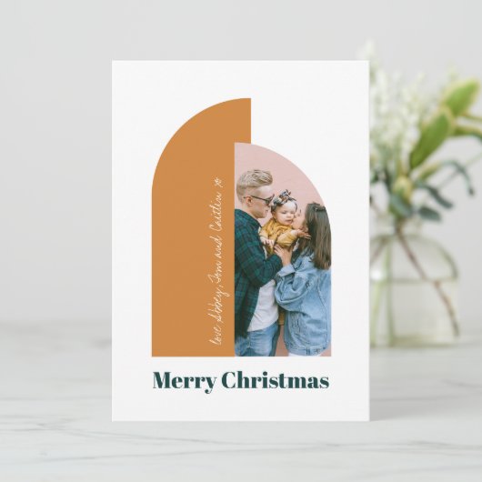 Moderne Arch Goud Prettig Kerstfeest Familie Foto Feestdagenkaart (Staand voorkant)