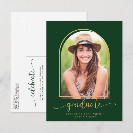Moderne Arch Green Gold Photo Graduparty Aankondigingskaart (Voorkant / Achterkant)