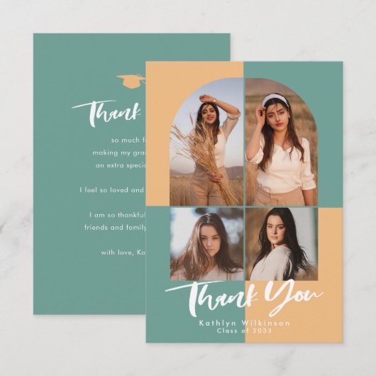 Moderne Arch Green Peachy Yellow 4 Foto Afstuderen Bedankkaart (Voorkant / Achterkant)