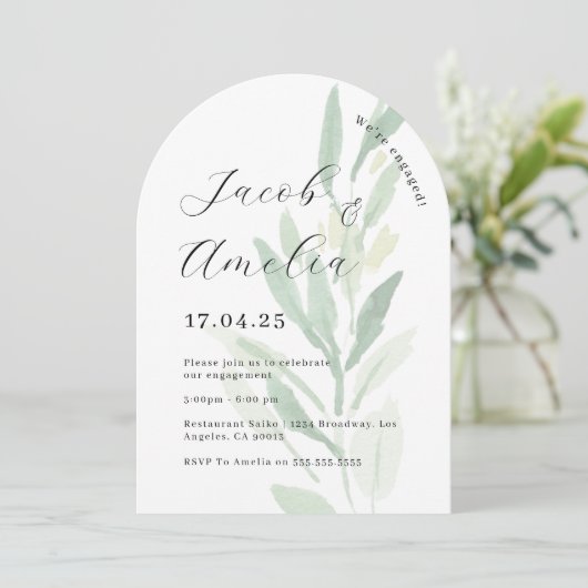 Moderne Arch Leaf Engagement Party Kaart (Staand voorkant)