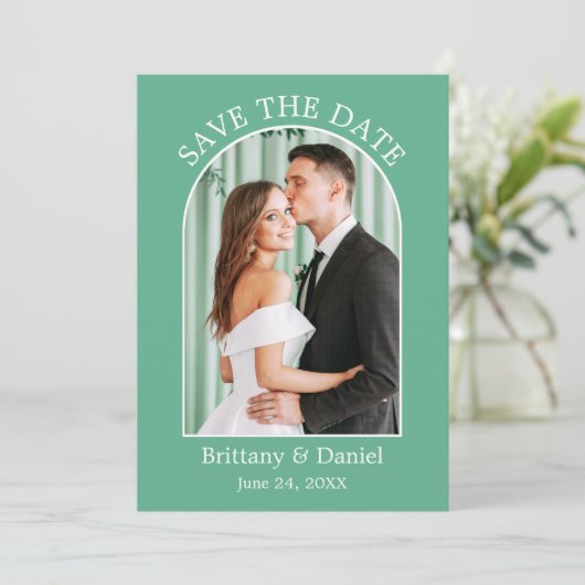 Moderne Arch Lijst Foto Neo Mint Green Save The Date (Staand voorkant)