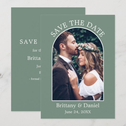 Moderne Arch Lijst Foto Sage Green Save The Date (Voorkant / Achterkant)