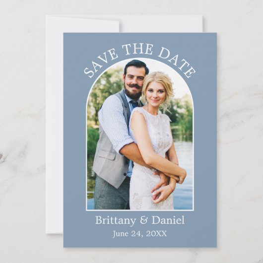 Moderne Arch Lijst Photo Dusty Blue Save The Date (Voorkant)