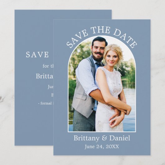 Moderne Arch Lijst Photo Dusty Blue Save The Date (Voorkant / Achterkant)