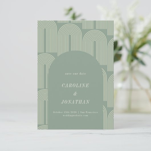 Moderne Arch Line Art Sage Green Formal Wedding Save The Date (Staand voorkant)
