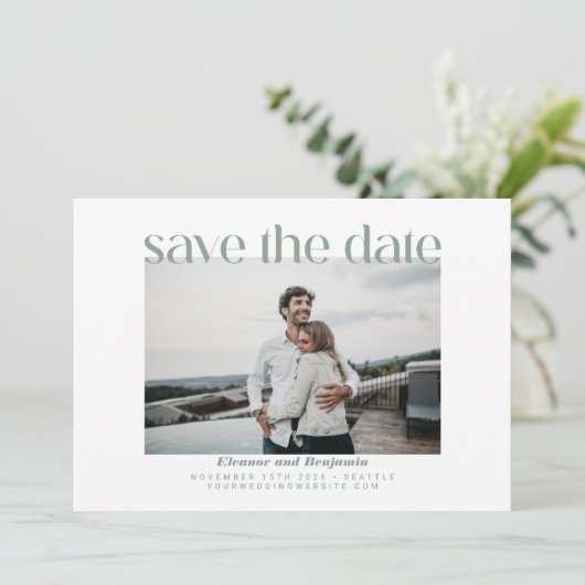 Moderne Arch Line Art Sage Green Photo Wedding Save The Date (Staand voorkant)