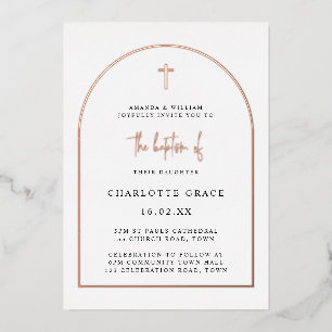 Moderne Arch Minimalist Baptisme Real Roos Gold Folie Uitnodiging