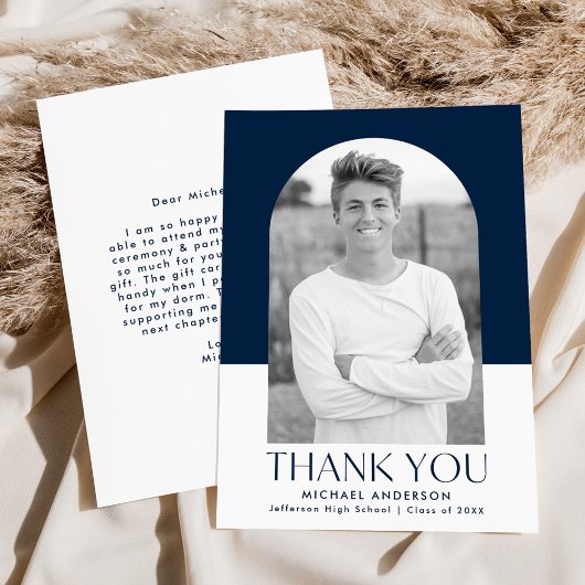 Moderne Arch Navy Colour Block Photo Afstuderen Bedankkaart