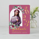 Moderne Arch | Paars Floral Foto Afstuderen Folie Uitnodiging (Staand Voorkant)