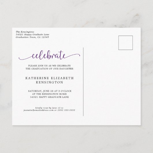 Moderne Arch Paars Gold Photo Afstuderen Aankondigingskaart (Achterkant)