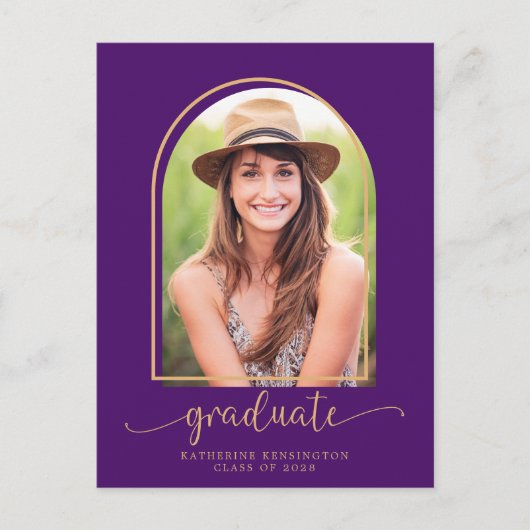 Moderne Arch Paars Gold Photo Afstuderen Aankondigingskaart (Voorkant)