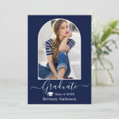 Moderne Arch Pet Calligrafie Foto Blue Afstuderen Aankondiging (Staand voorkant)