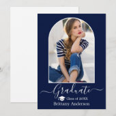 Moderne Arch Pet Calligrafie Foto Blue Afstuderen Aankondiging (Voorkant / Achterkant)