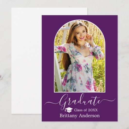 Moderne Arch Pet Calligrafie Paars Afstuderen Aankondiging (Voorkant / Achterkant)