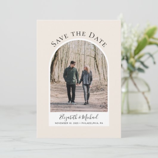 Moderne Arch Photo Cream Save The Date (Staand voorkant)