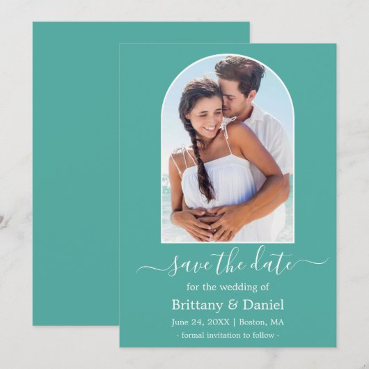 Moderne Arch Photo Lijst Blauwgroen Save The Date (Voorkant / Achterkant)