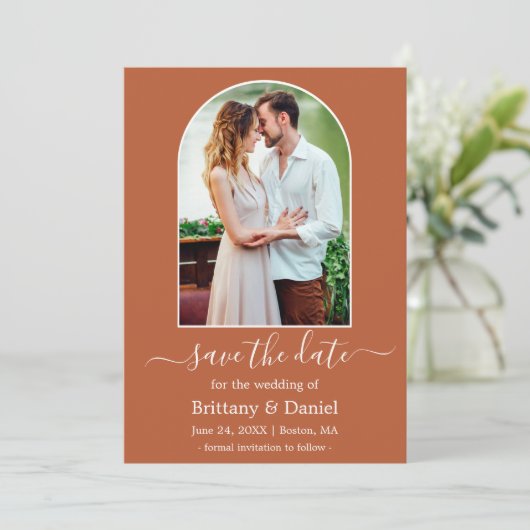 Moderne Arch Photo Lijst Burnt Oranje Save The Date (Staand voorkant)