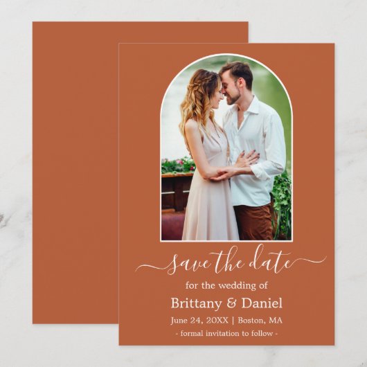 Moderne Arch Photo Lijst Burnt Oranje Save The Date (Voorkant / Achterkant)