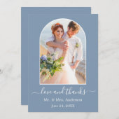 Moderne Arch Photo Lijst Dusty Blue Wedding Bedankkaart (Voorkant / Achterkant)