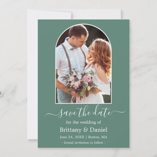 Moderne Arch Photo Lijst Eucalyptus Green Save The Date (Voorkant)