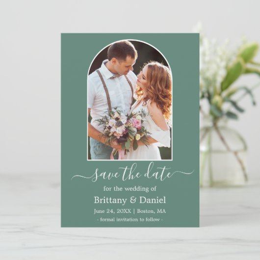 Moderne Arch Photo Lijst Eucalyptus Green Save The Date (Staand voorkant)