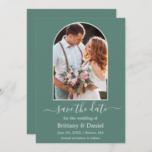 Moderne Arch Photo Lijst Eucalyptus Green Save The Date (Voorkant / Achterkant)