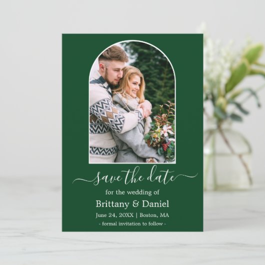 Moderne Arch Photo Lijst Green Save The Date (Staand voorkant)