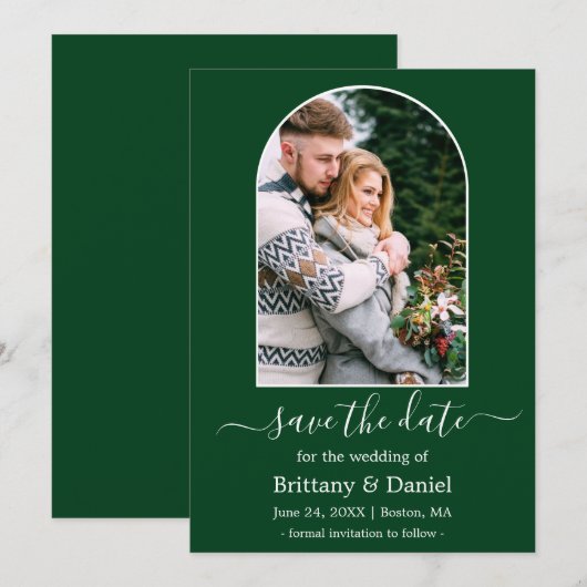Moderne Arch Photo Lijst Green Save The Date (Voorkant / Achterkant)
