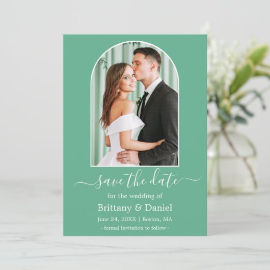 Moderne Arch Photo Lijst Neo Mint Green Save The Date (Staand voorkant)