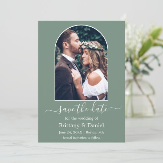 Moderne Arch Photo Lijst Sage Green Save The Date (Staand voorkant)