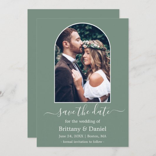 Moderne Arch Photo Lijst Sage Green Save The Date (Voorkant / Achterkant)