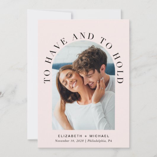 Moderne Arch Photo QR-code in één roze bruiloft Kaart (Voorkant)