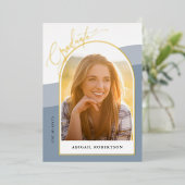 Moderne Arch Photos Dusty Blue Afstuderen Gold Folie Uitnodiging (Staand Voorkant)