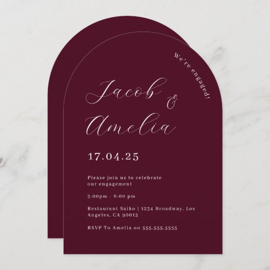 Moderne Arch Plum Engagement Party Kaart (Voorkant / Achterkant)