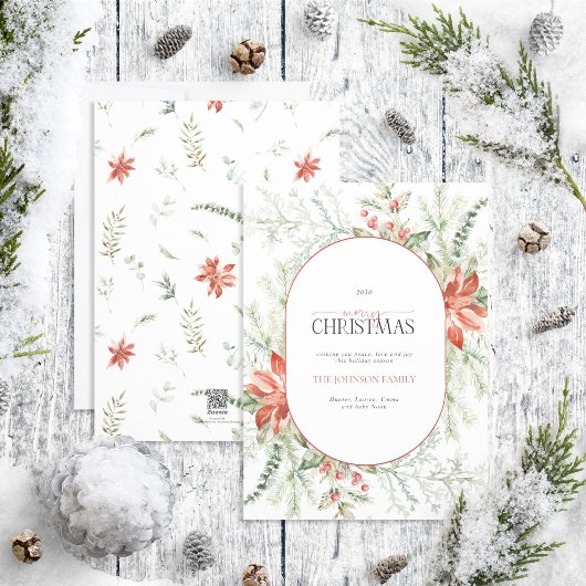 Moderne Arch Poinsettia Berry Merry kerkerkerst Feestdagenkaart