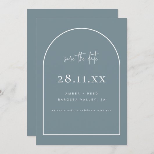 Moderne Arch Retro Minimalist Dusty Blue Green Save The Date (Voorkant / Achterkant)