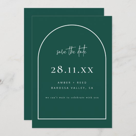 Moderne Arch Retro Minimalist Emerald Green Save The Date (Voorkant / Achterkant)
