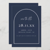 Moderne Arch Retro Minimalist Navy Blue Save The Date (Voorkant / Achterkant)
