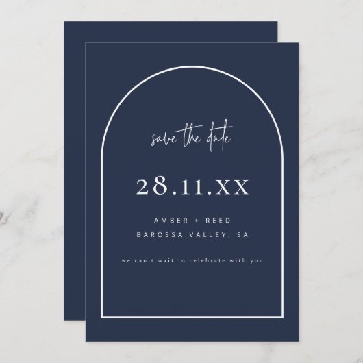 Moderne Arch Retro Minimalist Navy Blue Save The Date (Voorkant / Achterkant)