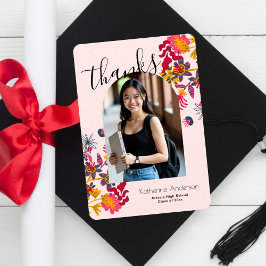 Moderne Arch Roze Bloemen Foto Afstudeerfeest Bedankkaart