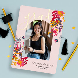 Moderne Arch Roze Bloemen Foto Afstudeerfeest Folie Uitnodiging