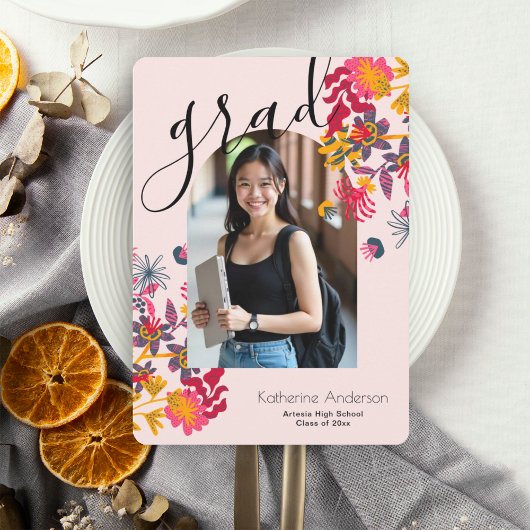 Moderne Arch Roze Bloemen Foto Afstudeerfeest Kaart