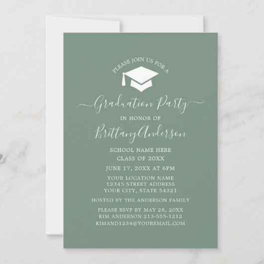 Moderne Arch Sage Green Graduation Party Kaart (Achterkant)