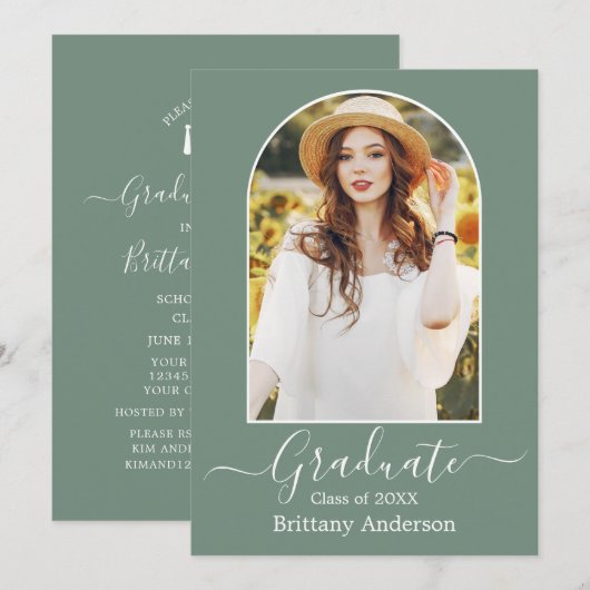 Moderne Arch Sage Green Graduation Party Kaart (Voorkant / Achterkant)