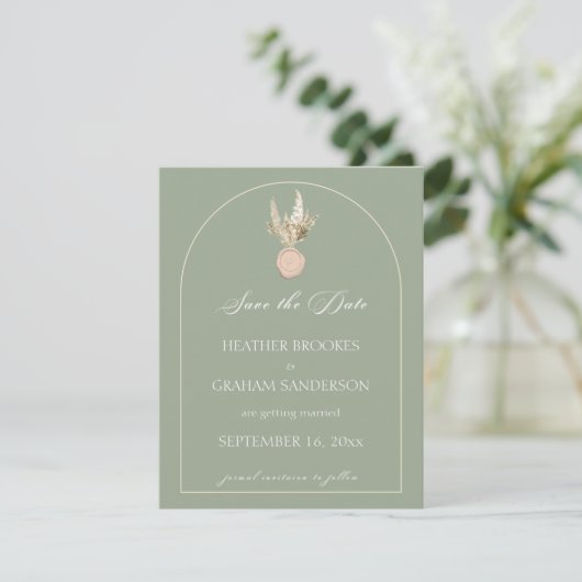 Moderne Arch Sage Green Wedding Save the Date Kaar (Staand voorkant)