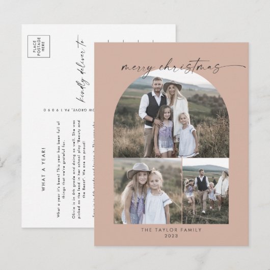 Moderne Arch Salmon Foto Collage Familie Kerstmis Feestdagenkaart (Voorkant / Achterkant)