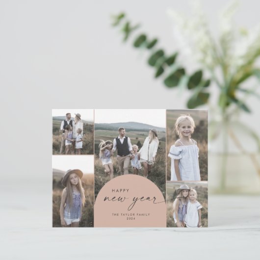 Moderne Arch | Salmon Multi Foto Family Nieuwjaar Feestdagenkaart (Staand voorkant)