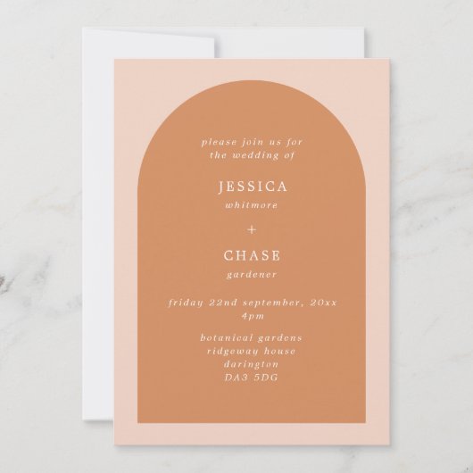 Moderne Arch Terracotta & Blush Editable Wedding Kaart (Voorkant)