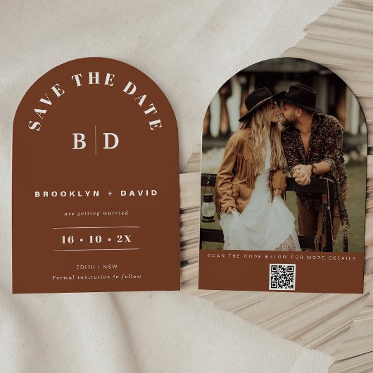 Moderne Arch Terracotta bruiloft Save the Date Kaa Kaart