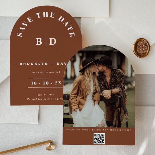 Moderne Arch Terracotta bruiloft Save the Date Kaa Kaart